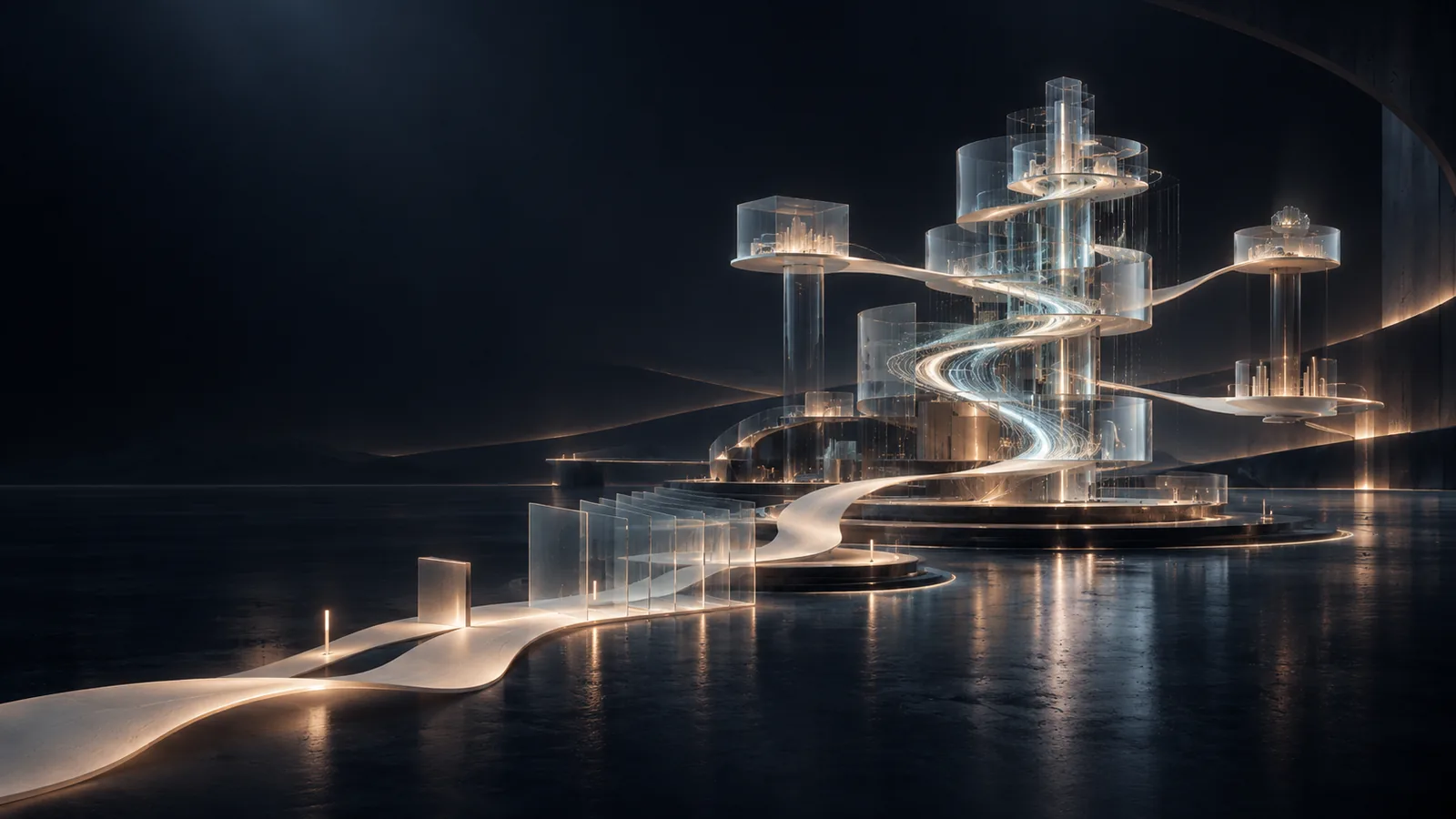 A glass tower of stacked transformer layers and a river of light: tokens flowing from a data center toward a laptop
